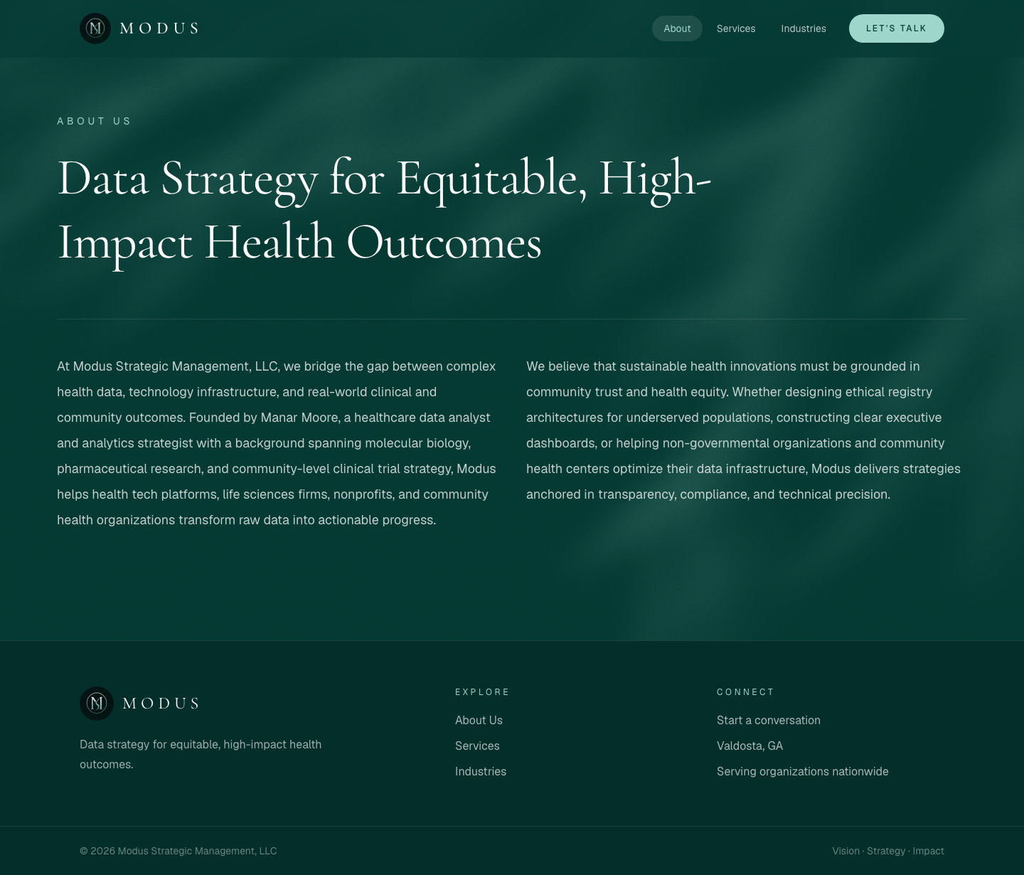 Modus Strategic Management about page describing its health data and strategy expertise