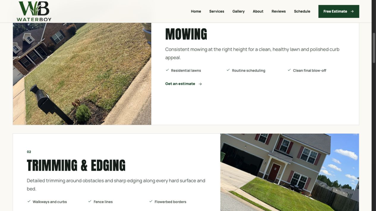 WaterBoy Landscaping services page featuring mowing and edging