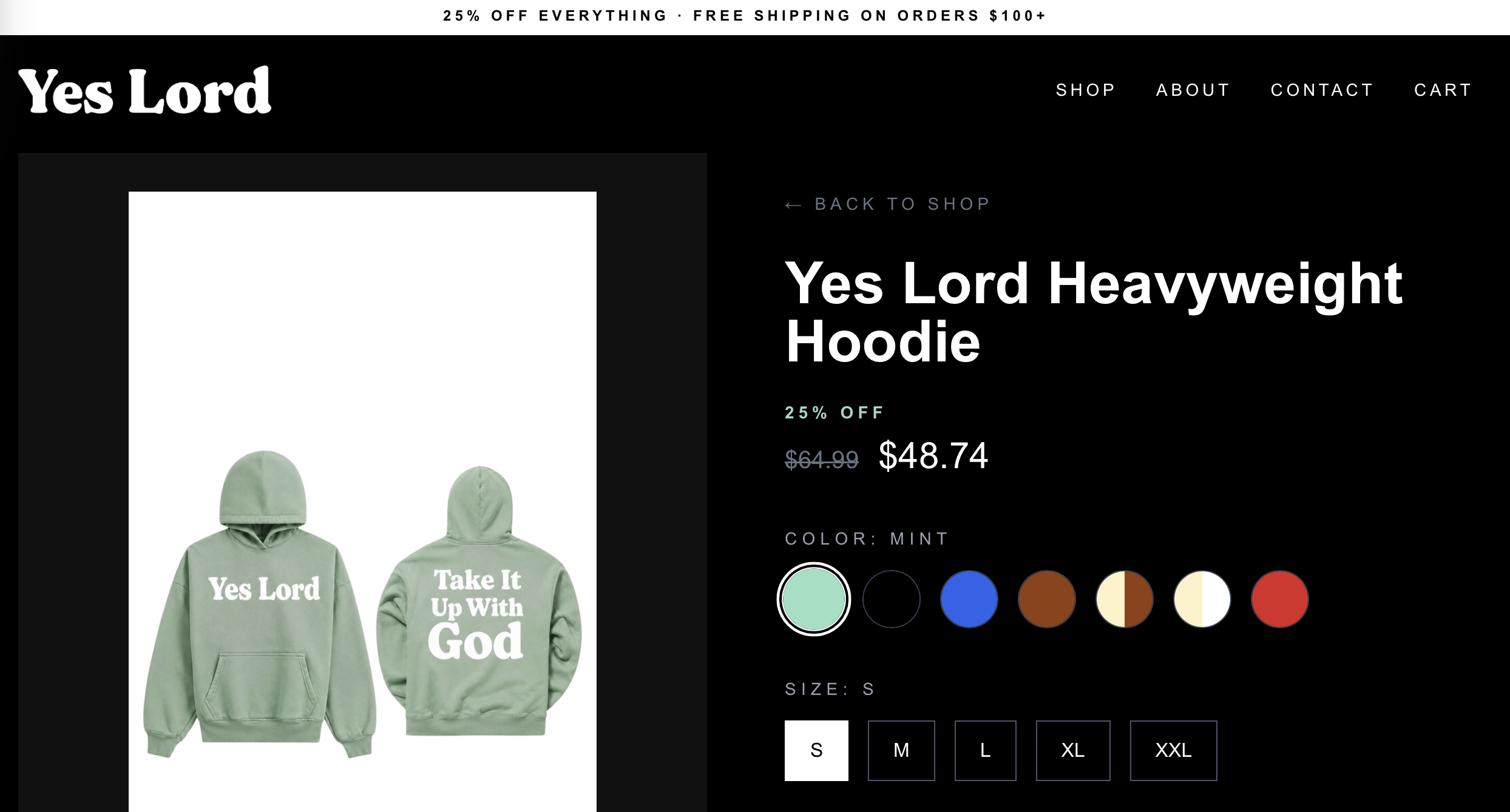 Yes Lord product page with sale pricing, color choices, and size selection